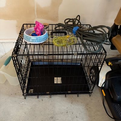 Sale Photo Thumbnail #124: Black metal folding dog crate featuring a plastic removable tray, accompanied by leashes, a tie-out cable, and a patterned pet bowl.