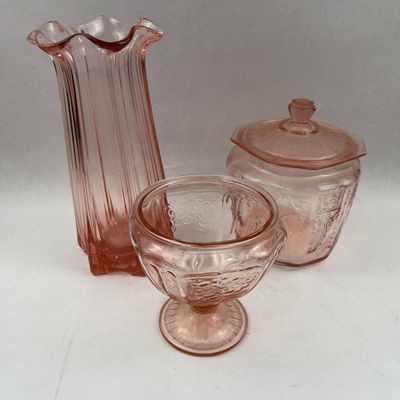Sale Photo Thumbnail #293: Pink Depression Glass Vase, Jar & Bowl