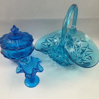 Sale Photo Thumbnail #104: 3 Fenton & Indiana Blue Glass Pieces