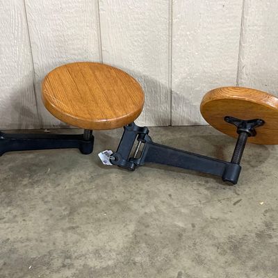 Sale Photo Thumbnail #216: Pair Cast Iron & Oak Work Bench Stools