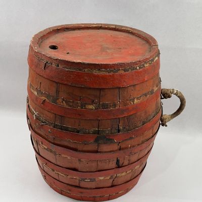Sale Photo Thumbnail #276: Red Painted Wood Keg with Rope Handle