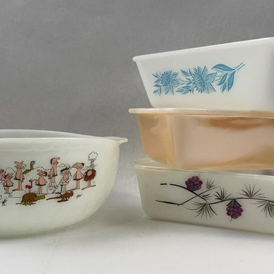 Sale Photo Thumbnail #498: Milk Glass Baking Dishes & Bowls