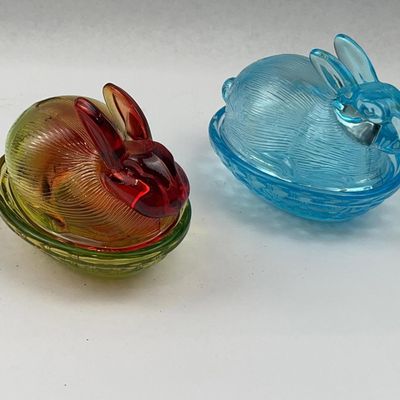 Sale Photo Thumbnail #295: Pair Pressed Glass Rabbit Nest Dishes