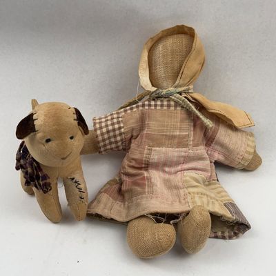 Sale Photo Thumbnail #213: Pair Primitive Cloth Rag Dolls & Dog