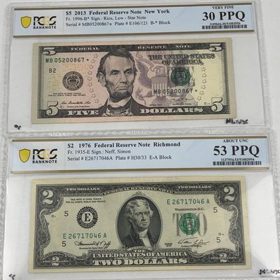 Sale Photo Thumbnail #473: PCGS $5 Star & 1976 $2 Notes