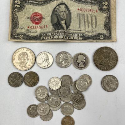 Sale Photo Thumbnail #114: 1928-F $2 Note & Silver Coins