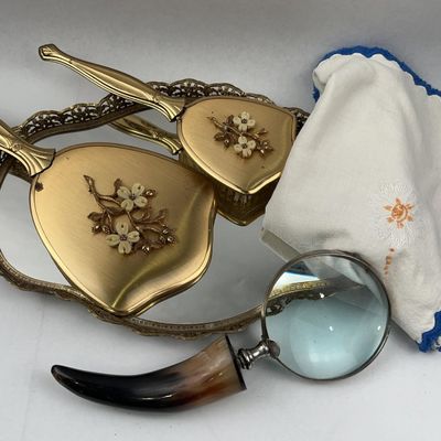 Sale Photo Thumbnail #136: Gilt Vanity Set & Horn Magnifier
