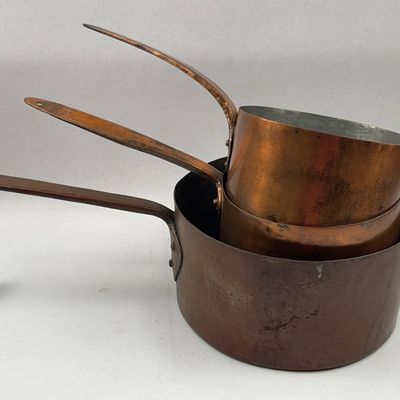 Sale Photo Thumbnail #6: 3 Dovetail Seam Copper Saucepans