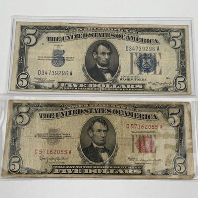 Sale Photo Thumbnail #472: Pair US $5 Banknotes, 1934 & 1953 C