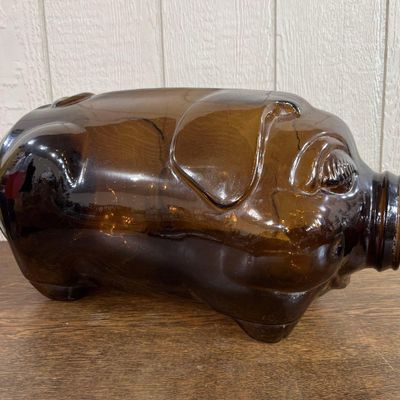 Sale Photo Thumbnail #106: Amber Glass Piggy Bank with Embossed Base