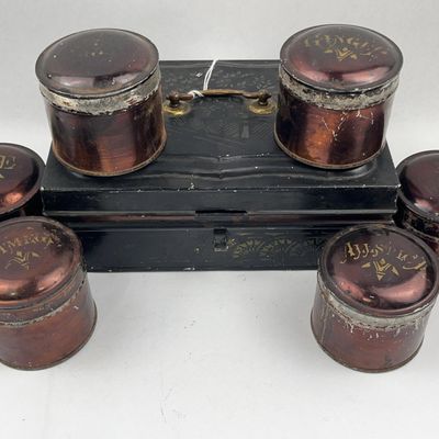 Sale Photo Thumbnail #32: Victorian Japanned Tin Spice Box Set