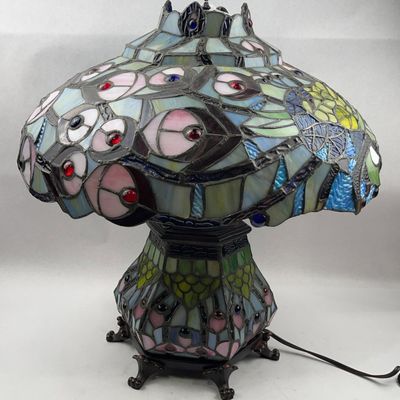 Sale Photo Thumbnail #215: Peacock Leaded Glass Lamp with Base