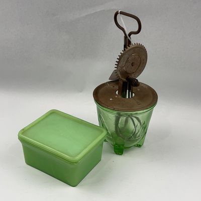 Sale Photo Thumbnail #87: McKee Jadeite Dish & Glass Beater Jar