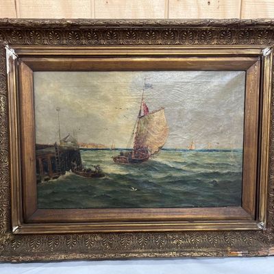 Sale Photo Thumbnail #206: T. E. Harper, Boats off a Pier, O/C