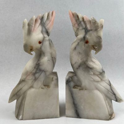 Sale Photo Thumbnail #54: Pair Carved Alabaster Cockatoo Bookends