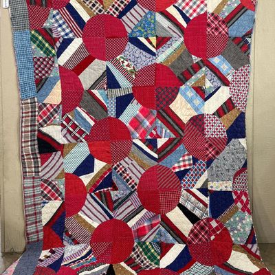 Sale Photo Thumbnail #405: Cotton Scrap Quilt with Red Motif