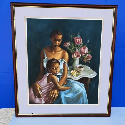 Framed Mother & Child Artwork with Floral Still Life
