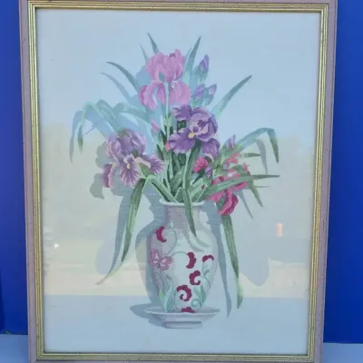 Vintage Framed Crewel Embroidery Floral