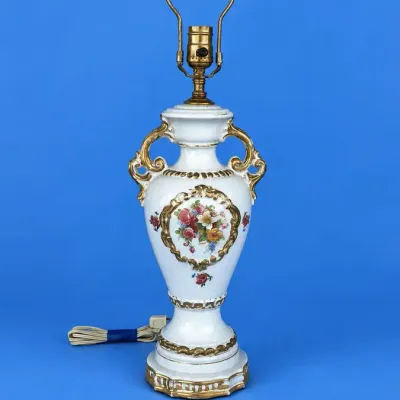 VERIFY PICS - Vintage 1940 Victorian Style Lamp- Porcelain Floral Rose 22k Gold Trim MCM 