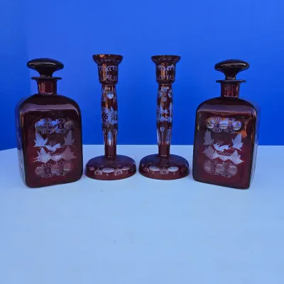 Vintage Bohemian Crystal Ruby Cut To Glass Decanter