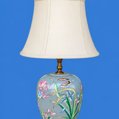 Vintage Asian-Inspired Floral & Butterfly Porcelain Table Lamp with Carved Wooden Base