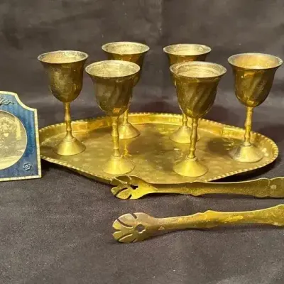 Vintage Brass Goblets and Tray, Tongs & Mini Frame