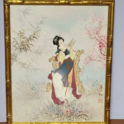 Vintage Signed Japanese Geisha Painting in Gold Bamboo Frame