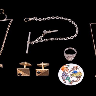 Sale Photo Thumbnail #474: Lucien Piccard 14k Gold Cufflinks, SS Ring & a FOB