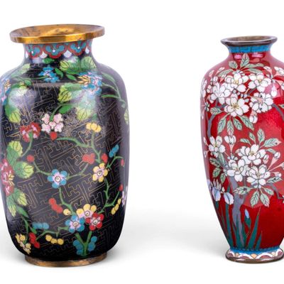 Sale Photo Thumbnail #224: Pair of Antique Chinese Cloisonne Floral Vases