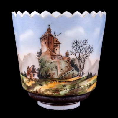 Sale Photo Thumbnail #302: Vintage Hand-Painted Scenic Glass Lamp Shade