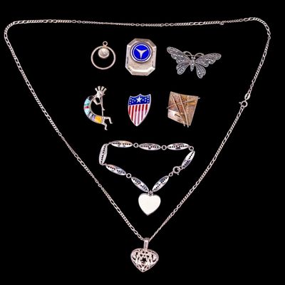 Sale Photo Thumbnail #574: Sterling Silver Pins, Necklace, and Bracelet