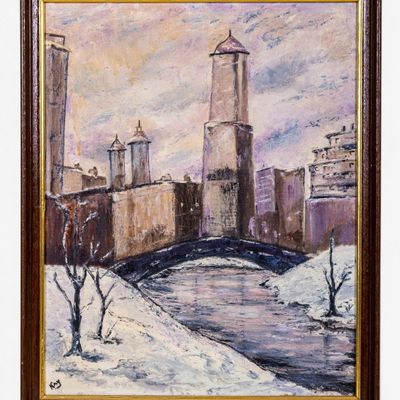 Sale Photo Thumbnail #267: Signed Mid-Century Winter Cityscape O/c