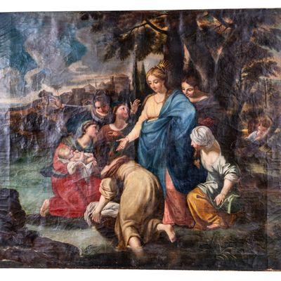 Sale Photo Thumbnail #92: Large 18/19th C O/C Painting Foundling Scene