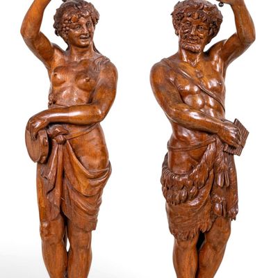 Sale Photo Thumbnail #290: Pair of Carved Wood Figural Candle Holders