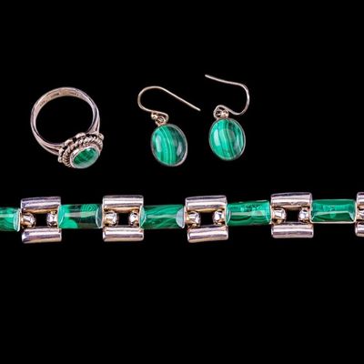 Sale Photo Thumbnail #601: Sterling Silver and Malachite Taxco Mexican Set