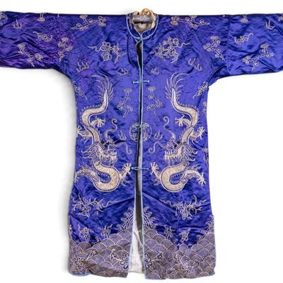 Sale Photo Thumbnail #321: Mid-Century Chinese Blue Satin Dragon Robe