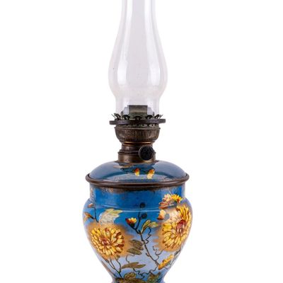 Sale Photo Thumbnail #141: Antique Painted Opaline Glass Floral Oil Lamp GWTW