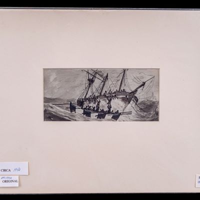 Sale Photo Thumbnail #69: Antique British Original Ink & Wash Ship Rescue