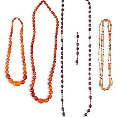 Sale Photo Thumbnail #558: 4 Necklaces of Coral, Amber, and Resin