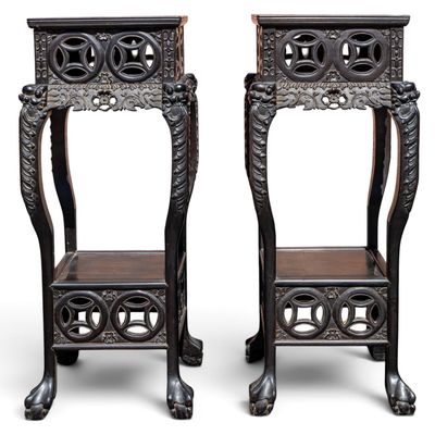 Sale Photo Thumbnail #3: Pair of 4' H Marble Top Chinese Export Stands