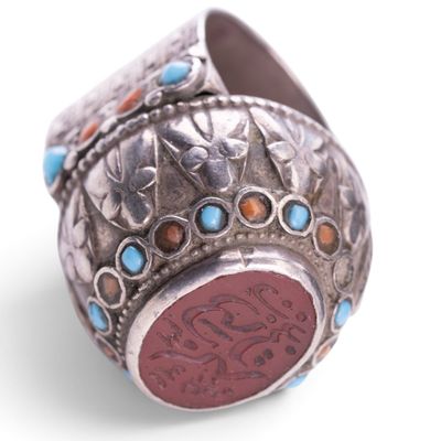 Sale Photo Thumbnail #597: Early 20th C. Bedouin Agate Silver Ring