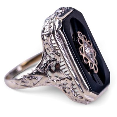 Sale Photo Thumbnail #531: 14k White Gold Antique Onyx & Diamond Ring