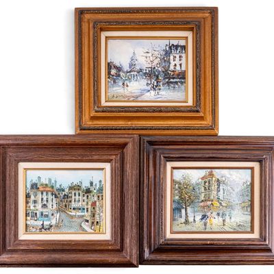 Sale Photo Thumbnail #309: Three Signed European Cityscape Oil on Board Paint