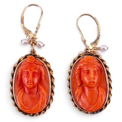 Sale Photo Thumbnail #651: 14k Gold Victorian Red Coral Cameo Earrings
