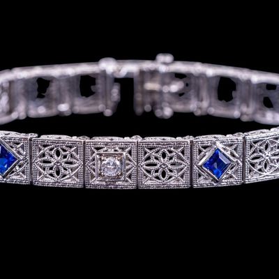 Sale Photo Thumbnail #642: 14k White Gold Antique Diamond & Sapphire Bracelet