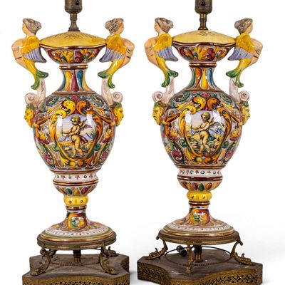 Sale Photo Thumbnail #142: Vintage Italian Majolica Urn Table Lamps Pair