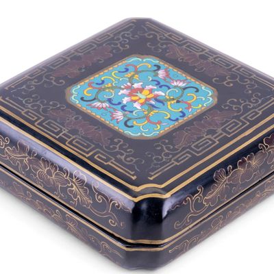 Sale Photo Thumbnail #206: Chinese Cloisonne Inlaid Black Lacquer Lidded Box