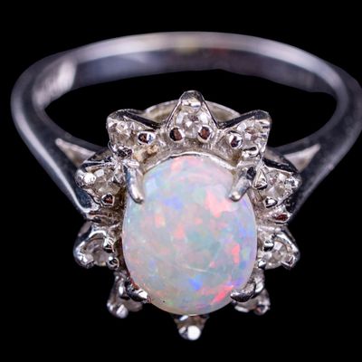 Sale Photo Thumbnail #639: Vintage 14k White Gold Opal & Diamond Ring