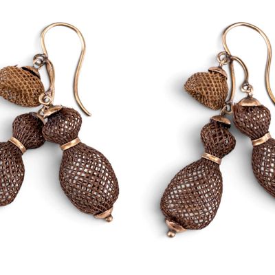 Sale Photo Thumbnail #516: 14K Gold Victorian Hairwork Earrings