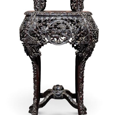 Sale Photo Thumbnail #5: Chinese Carved Dragon Stand Marble Top MOP Inlay
